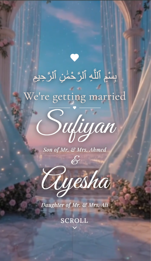 A wedding invitation scroll design featuring a romantic outdoor wedding scene with sheer blue drapery, floral arches, and a sunset sky. White Arabic and English text reads 'We're getting married' followed by the names 'Sufiyan' and 'Ayesha', with additional family details and the word 'SCROLL' at the bottom.